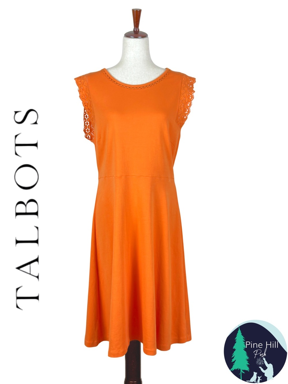 Talbots Orange Cotton Midi Dress Eyelet Lace Cap Sleeves Fit Flare Womens Large